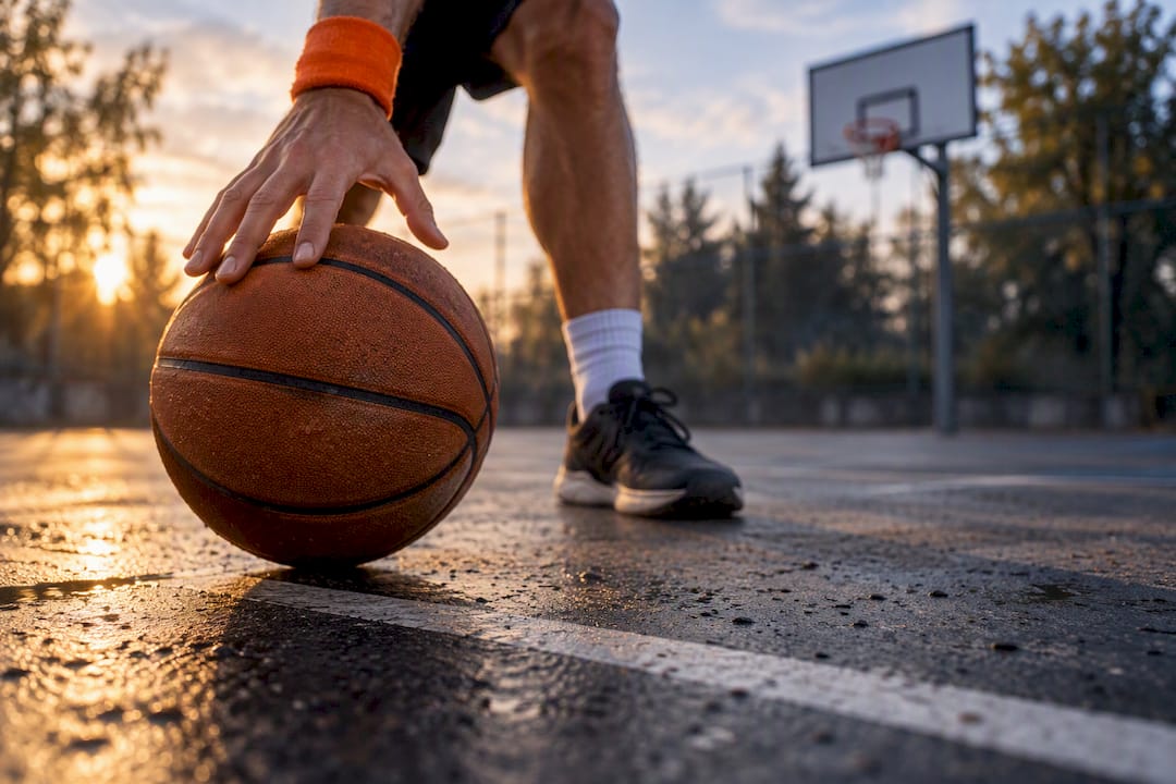 Hand dribbelt Basketball auf dem Außenplatz