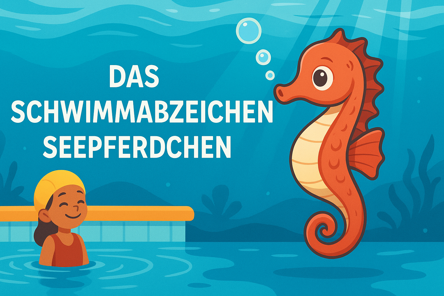 Rotes Seepferdchen neben schwimmendem Kind in einem Schwimmbad