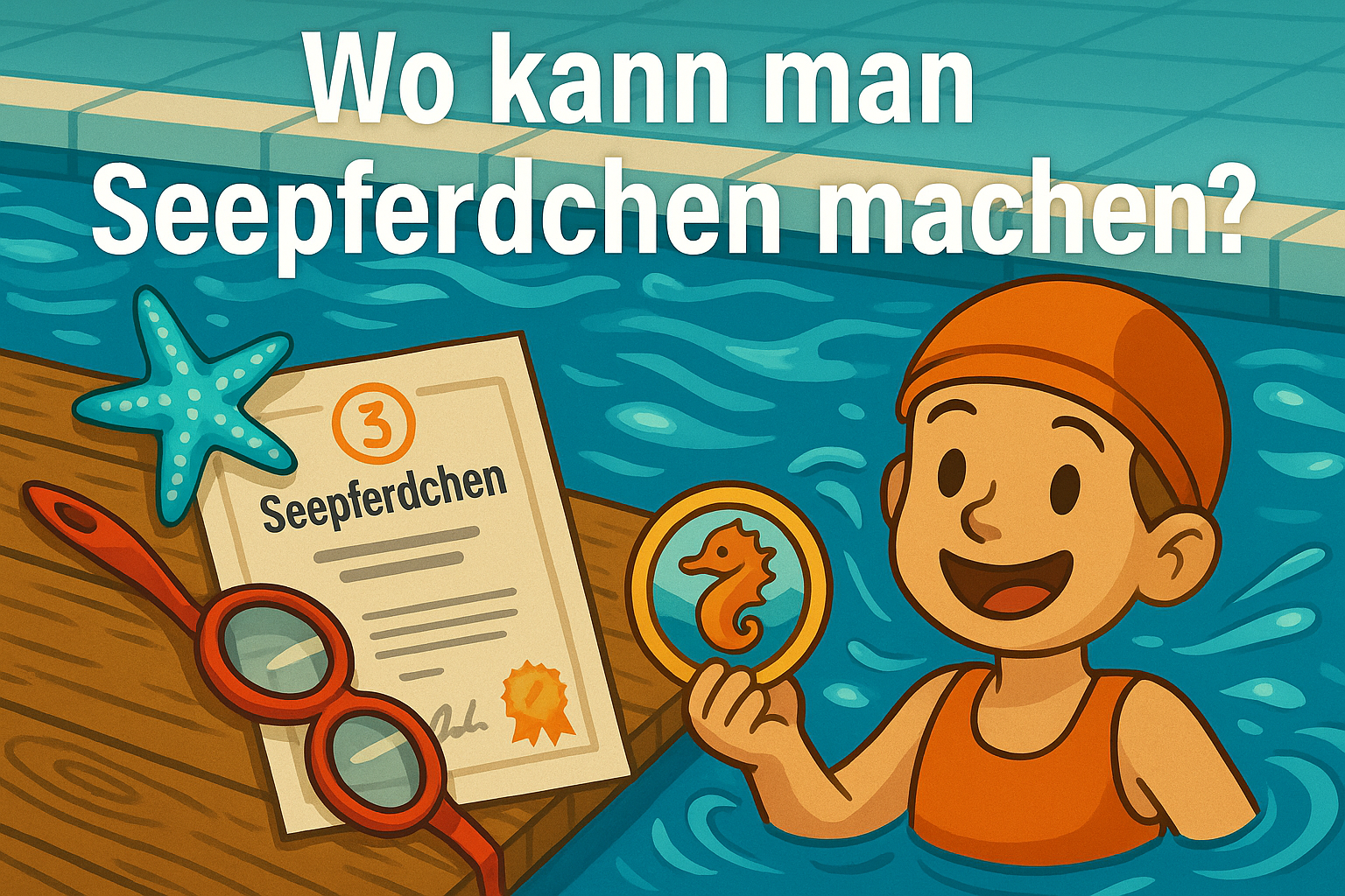 Kind im Schwimmbecken mit Seepferdchen-Abzeichen neben Urkunde und Schwimmbrille