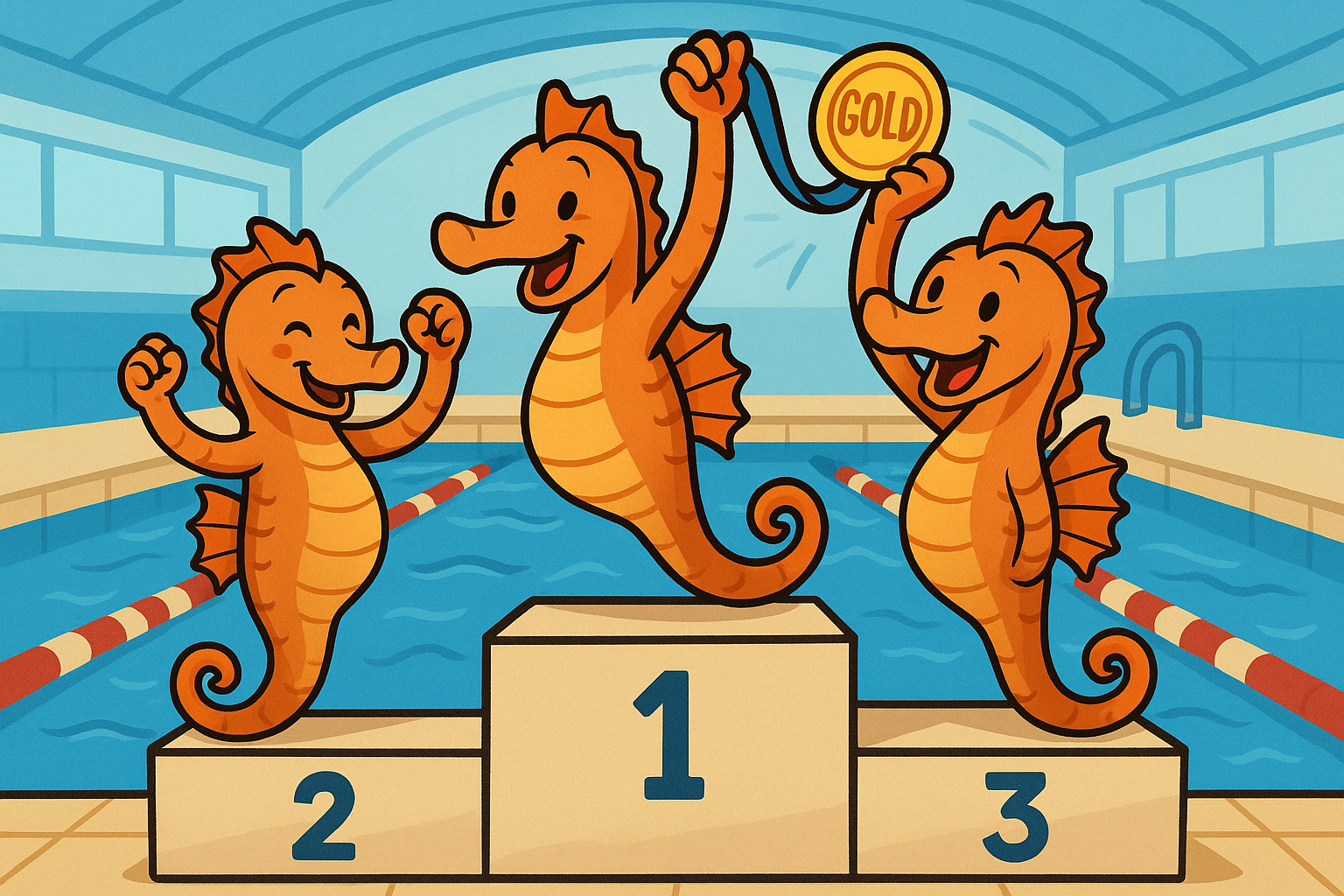 seepferdchen die das gold schwimmabzeichen auf einem podium in die luft halten