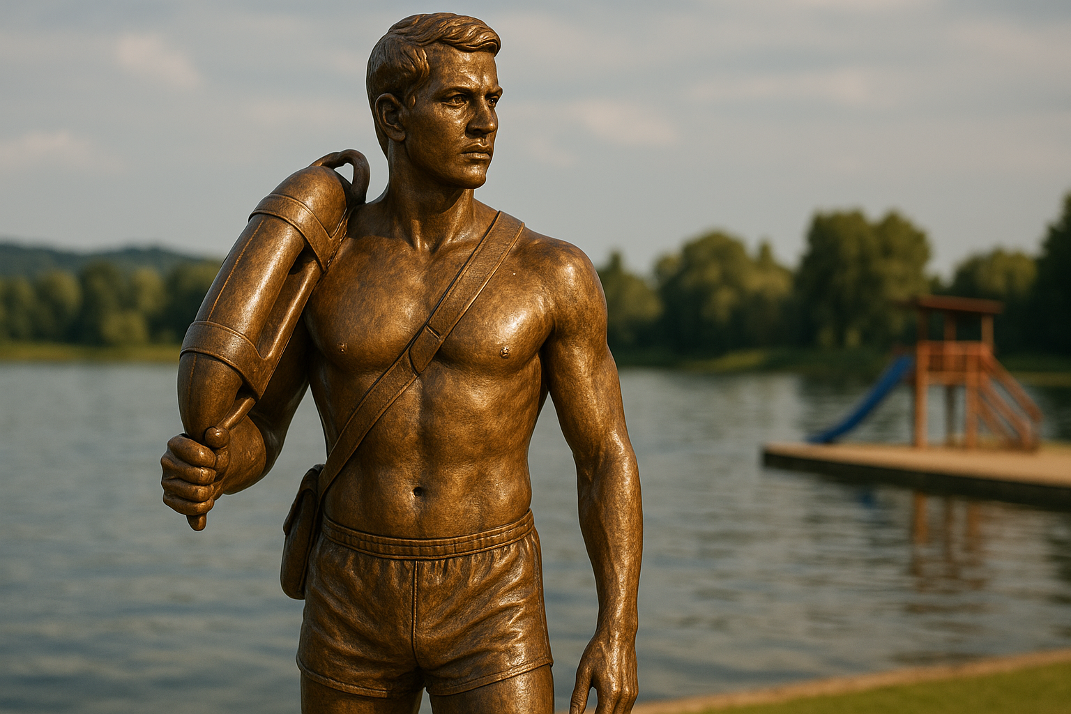 Realistische, animierte Bronze-Statue eines Rettungsschwimmers in Bayern – steht in typischer Pose, trägt Badehose sowie Rettungsboje