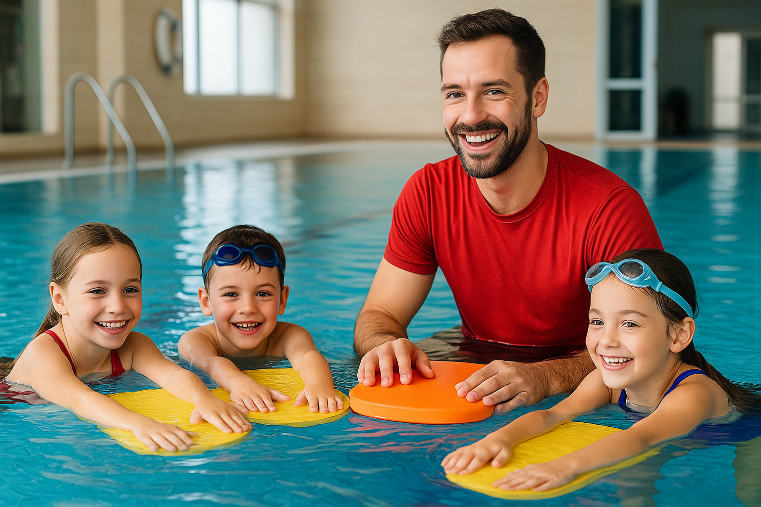 Schwimmkurs mit Schwimmabzeichen, Bademeister mit Schülern