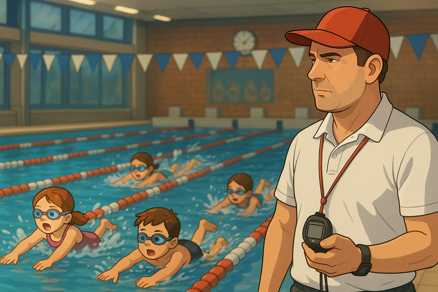 Animierte HD-Szene einer Seepferdchen-Prüfung in einem Hallenbad: Ein Schwimmmeister steht am Beckenrand mit Stoppuhr, während mehrere Kinder in abgetrennten Bahnen konzentriert ihre 25 Meter in Bauch- oder Rückenlage schwimmen.