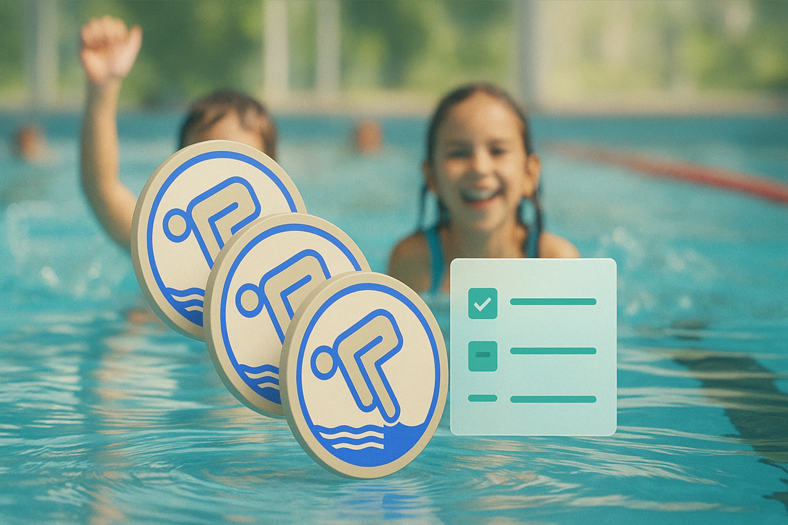 Kinder im Schwimmbad hinter drei silber abzeichen und einer liste zum abhacken