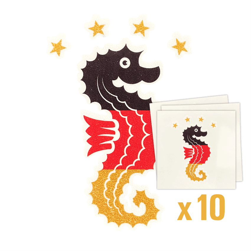10er Set Seepferdchen Hauttattoo in Schwarz Rot Gold mit Sternen als temporaere Tattoos