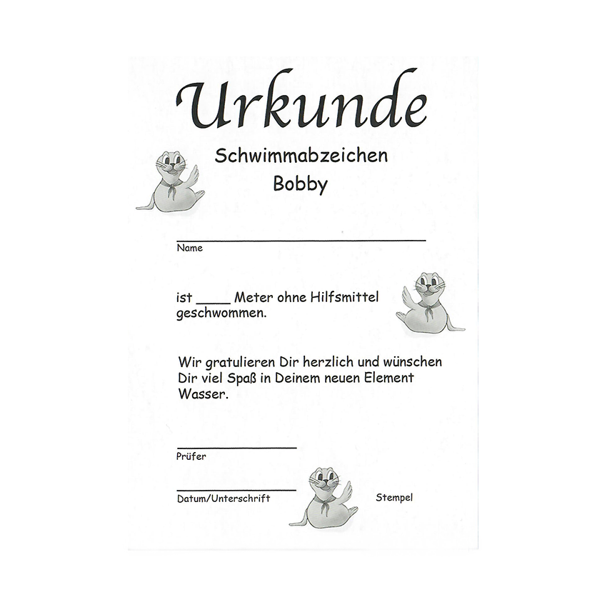 Innenseite Bobby Urkunde mit Feldern für Name, Schwimmleistung und Seehund-Illustrationen