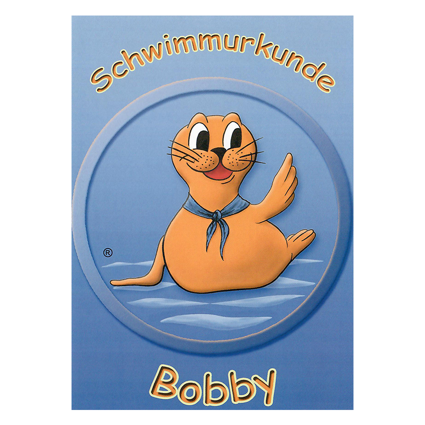 Blaue Schwimmurkunde Bobby mit Cartoon-Seehund im Wasser für Neuschwimmer Abzeichen