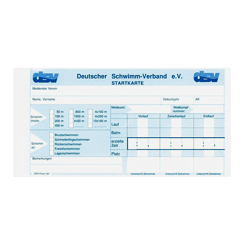 DSV Startkarte Endlosformular mit Feldern für Schwimmart, Meldezeit und Wettkampfnummer