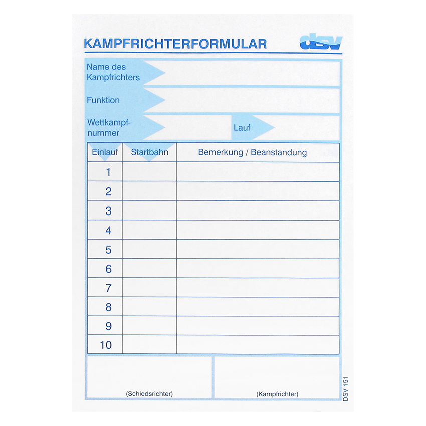 DSV Kampfrichterformular Block mit Feldern für Einlauf, Startbahn und Bemerkung