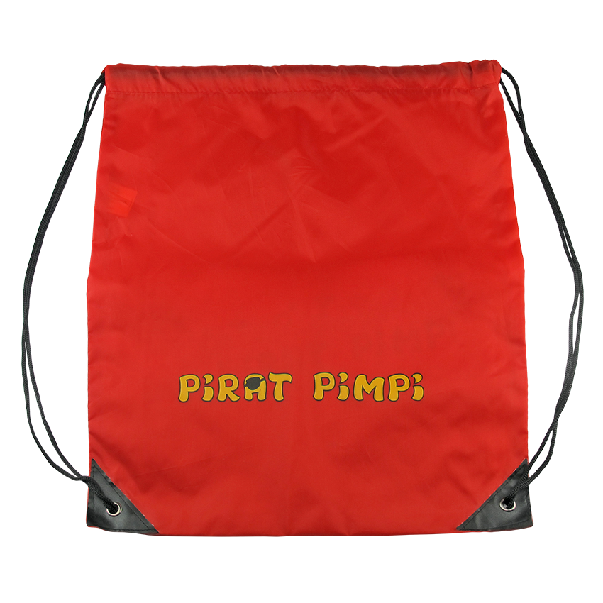 Roter Pirat Pimpi Turnbeutel Rucksack mit gelbem Schriftzug und schwarzen Kordeln