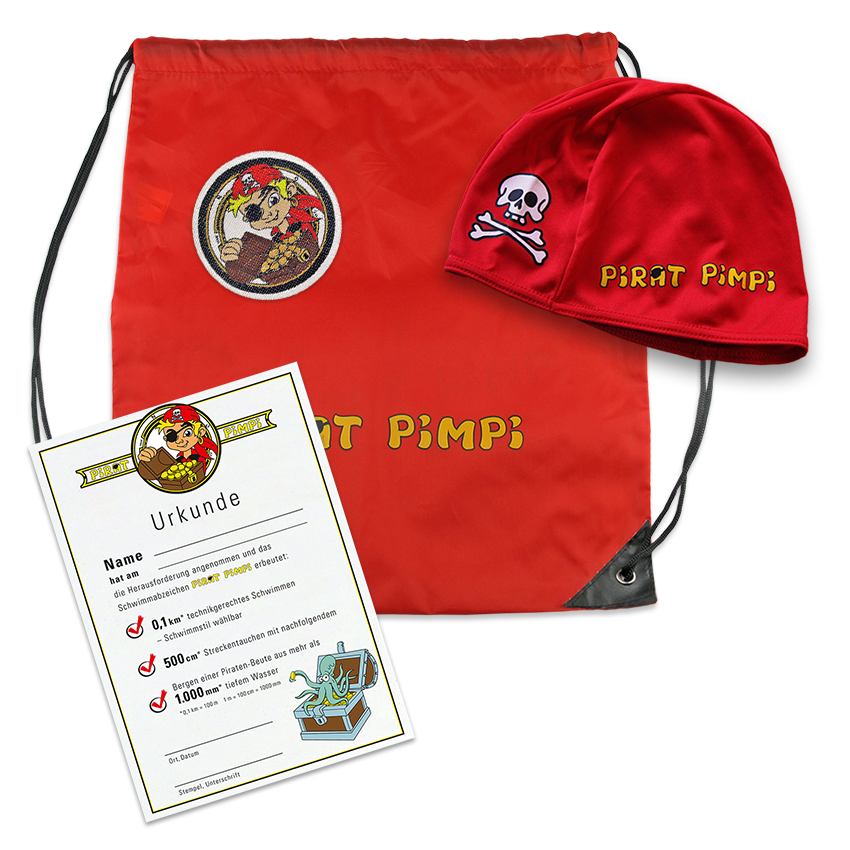 Aktion Unter die Haube Set mit rotem Turnbeutel, Pirat Pimpi Badekappe, Urkunde und Abzeichen
