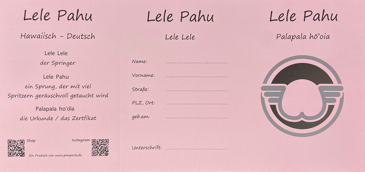Lele Pahu Zertifikat Innenseite mit Namensfeldern und hawaiisch-deutscher Erklaerung zum Schwimmabzeichen