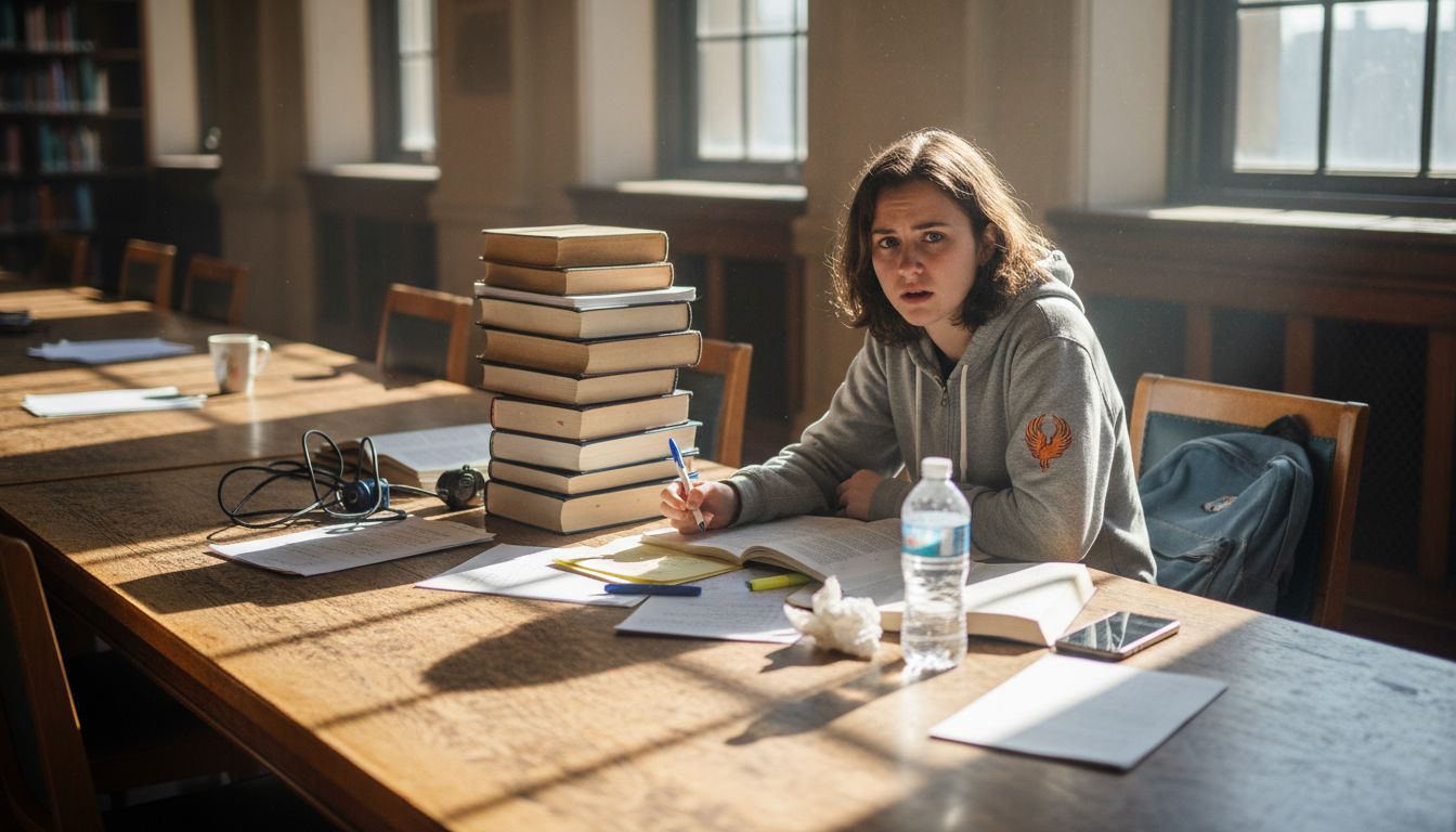 Student studying under exam stress in library