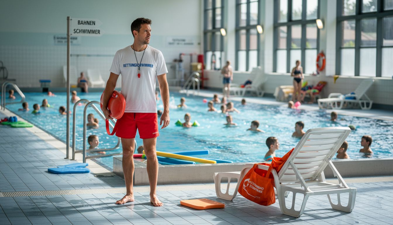 Ein Bademeister hat das bunte Treiben im vollen Freibad stets im Blick.