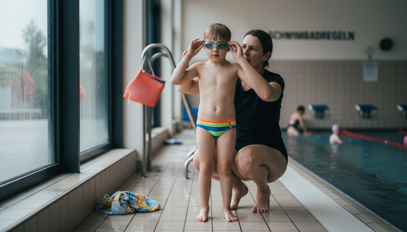 Ein Kind planscht mit Schwimmbrille im Pool, während die Mutter am Beckenrand zuschaut.