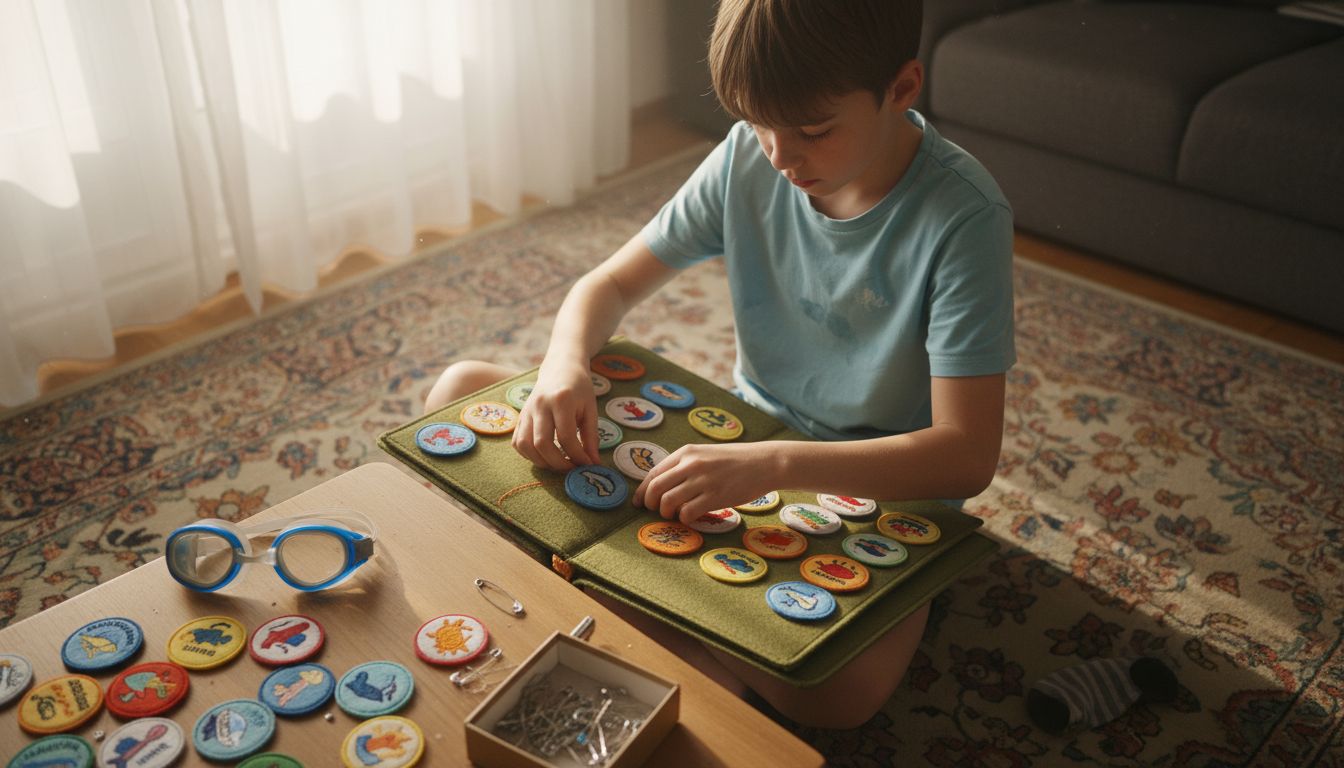 Ein Kind sortiert stolz seine Schwimmabzeichen ins Sammelalbum ein.