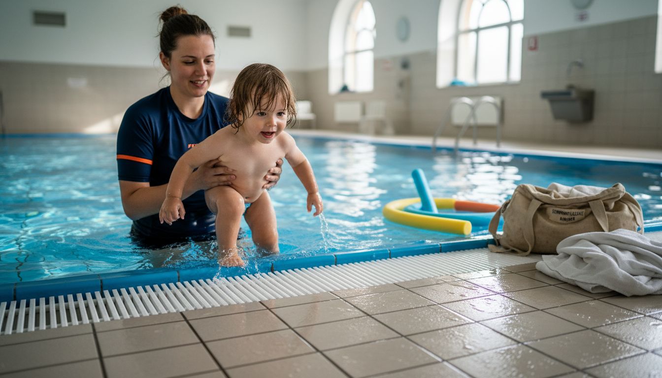 Ein Kind übt gemeinsam mit dem Schwimmlehrer im Becken das Schwimmen.