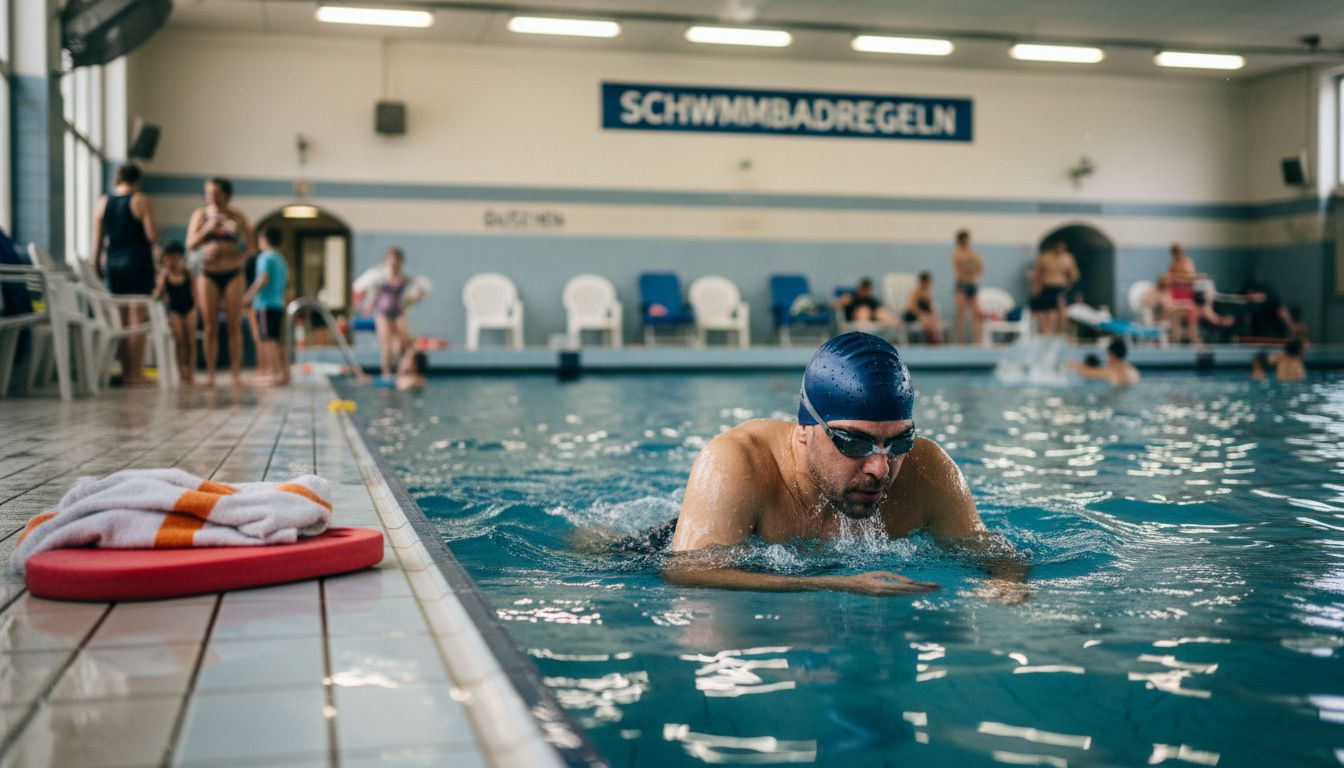 Ein Mann zieht entspannt seine Bahnen im Hallenbad und schwimmt dabei Brust.