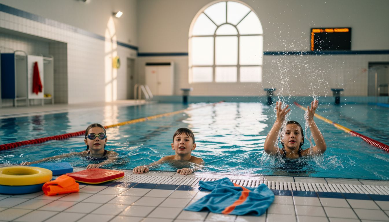 Im Schwimmbad haben die Kinder gemeinsam Spaß im Wasser.
