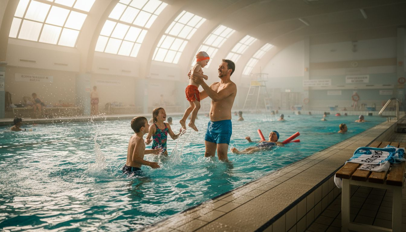 Eine Familie genießt unbeschwertes Badevergnügen im sicheren Hallenbad.