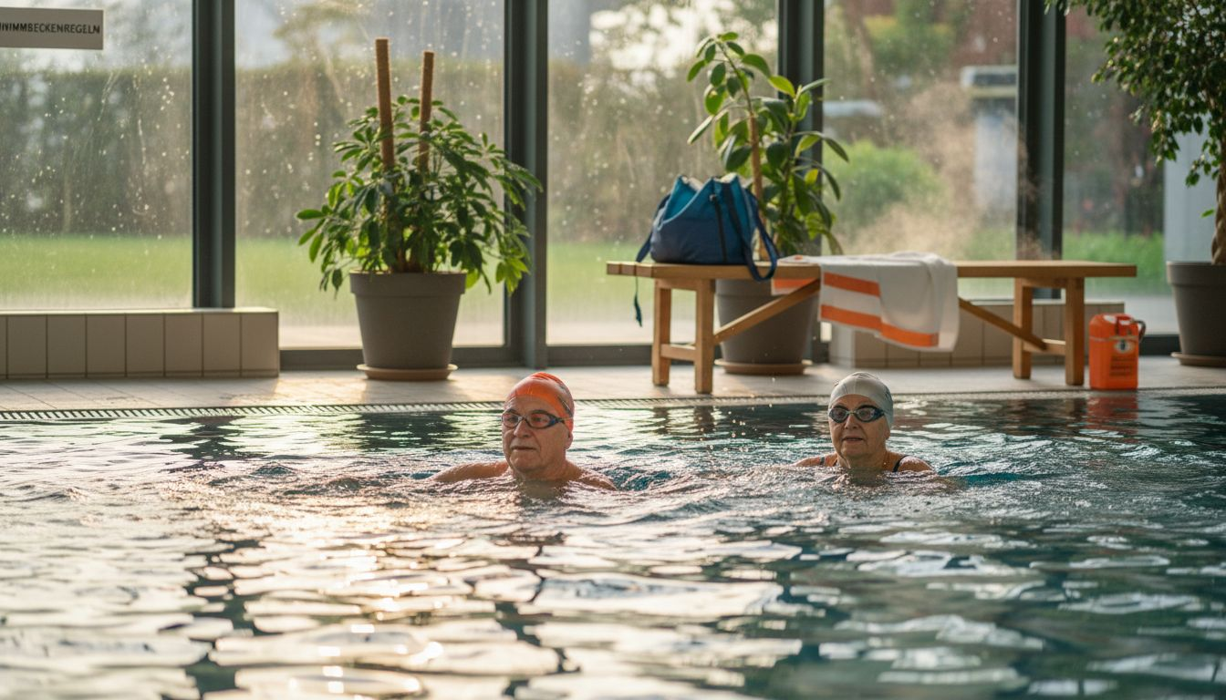Ältere Menschen genießen ihr ruhiges Schwimmen im warmen Wasser des Hallenbads.