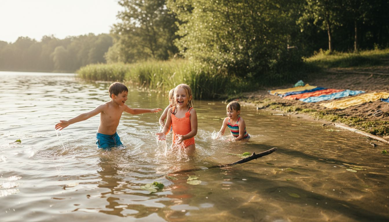 Am Ufer des Sees tollen Kinder herum, plantschen im Wasser und genießen den Sommertag.