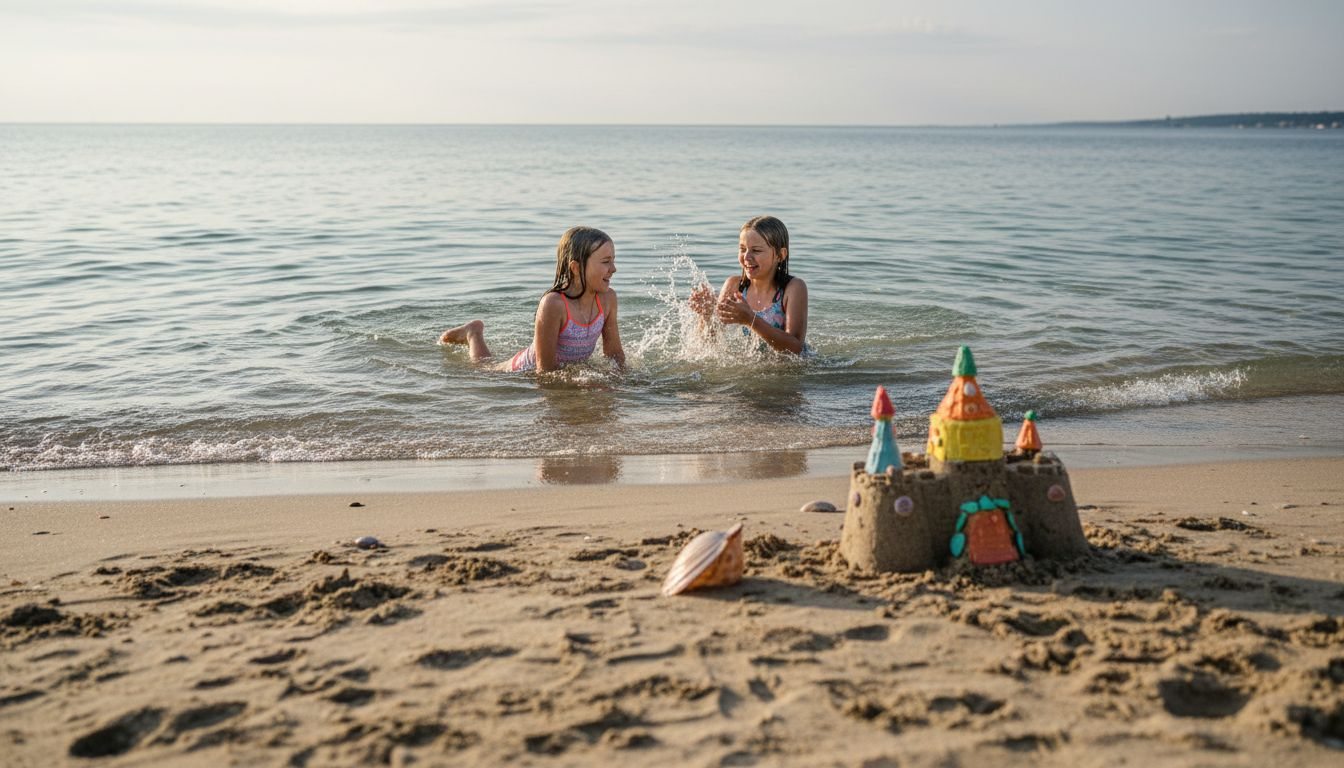 Zwei Kinder planschen fröhlich im Meer und genießen das Wasser.