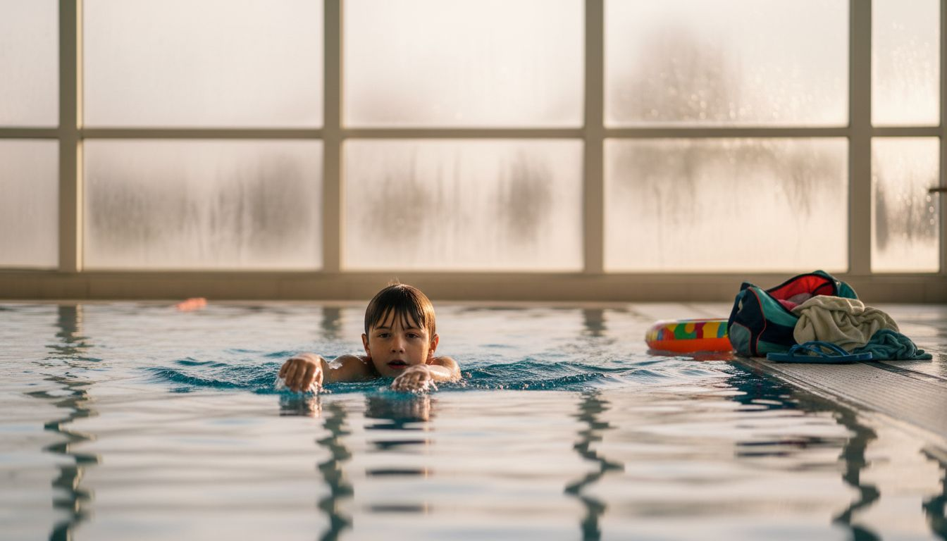 Ein Kind planscht mit einem Schwimmring im Hallenbad.