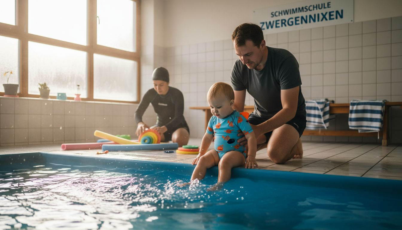 Ein kleines Kind nimmt erstmals am Schwimmkurs teil und steht gespannt am Beckenrand.