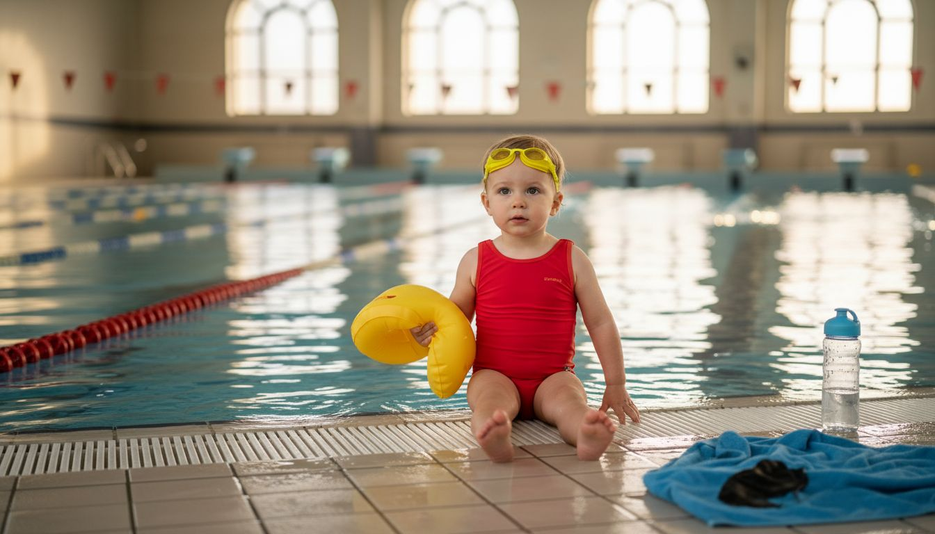 Ein kleines Kind steht mit Schwimmflügeln am Rand des Schwimmbeckens.