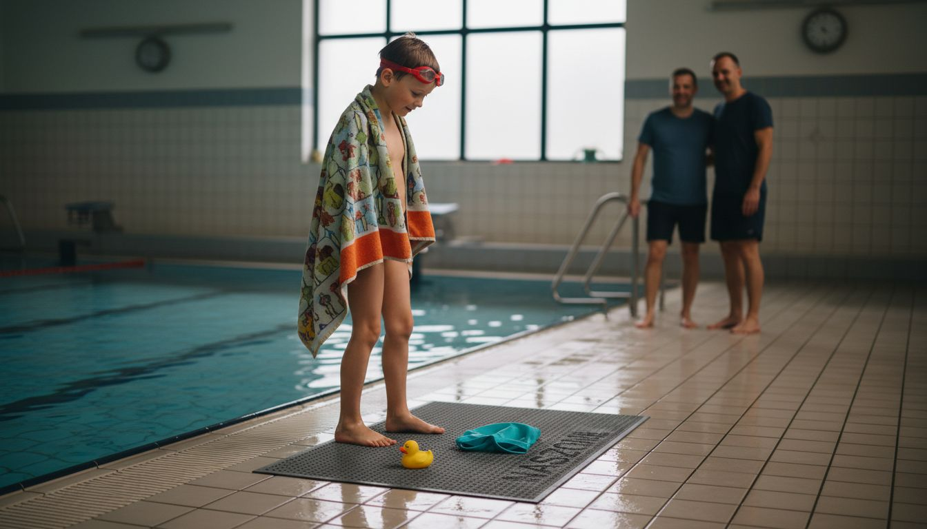 Kind übt sicheres Schwimmen am Beckenrand