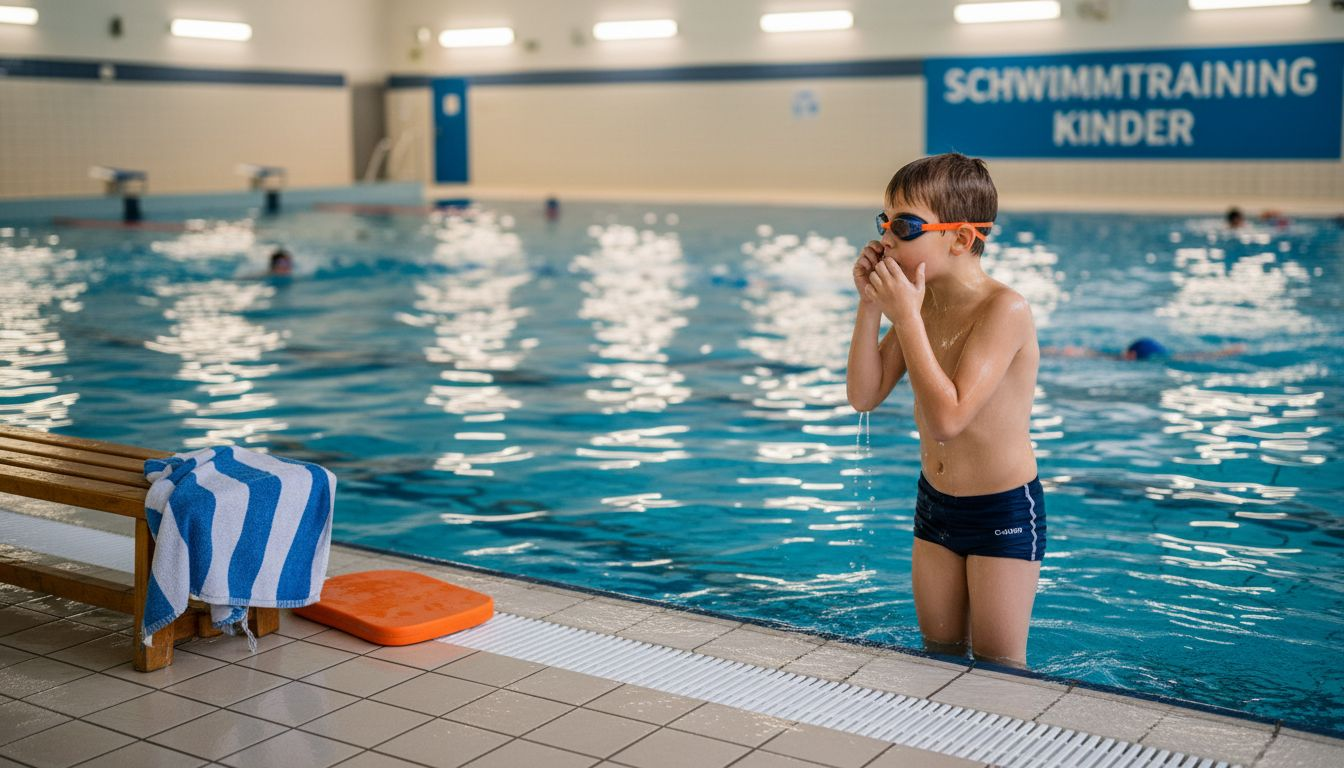 Nach dem Schwimmtraining entspannt sich der Junge am Beckenrand und sammelt neue Kraft.