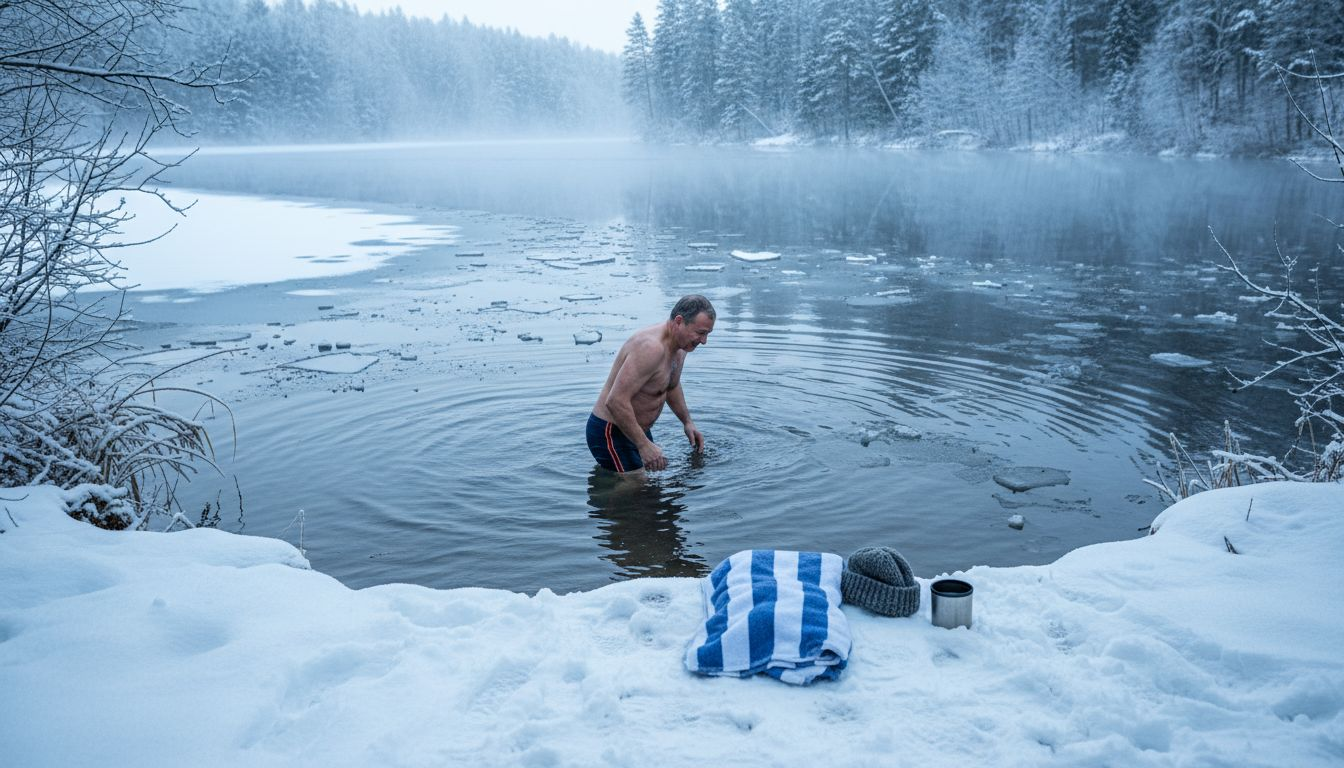 Ein Mann wagt sich in den eisigen Winterwald und taucht in einen zugefrorenen See ein.