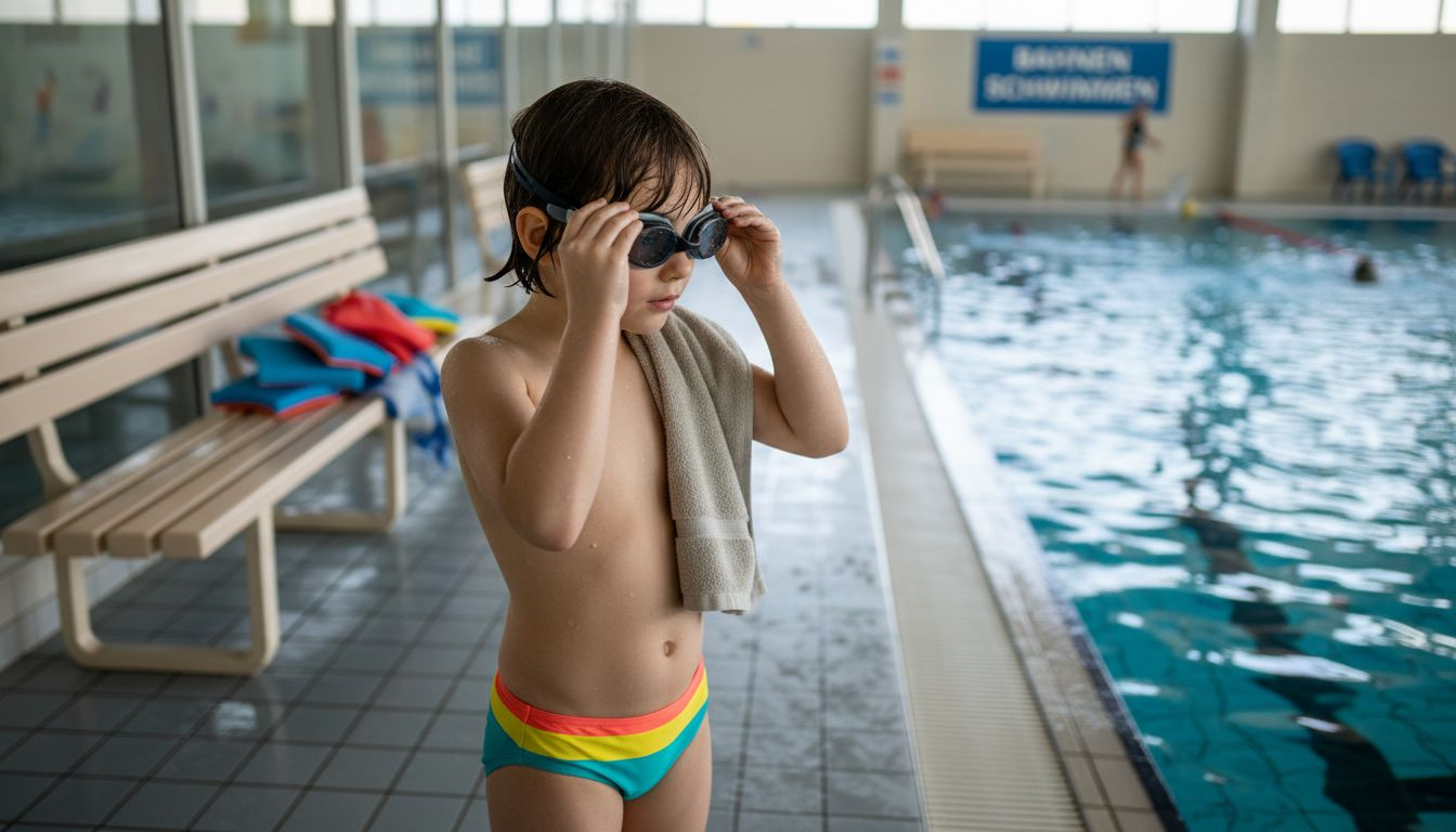 Ein Kind setzt sich am Beckenrand seine Arena-Schwimmbrille auf.