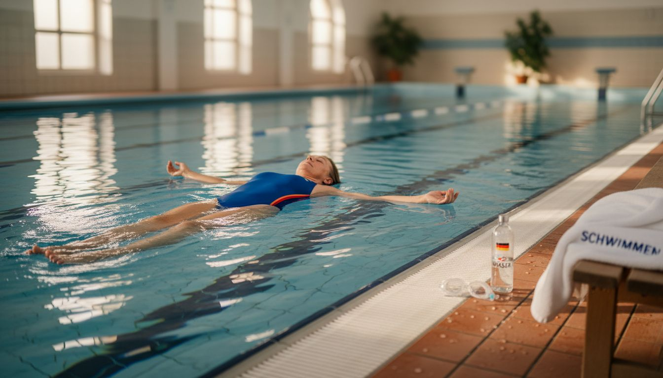 Eine Frau zieht in aller Ruhe ihre Bahnen im Schwimmbad.