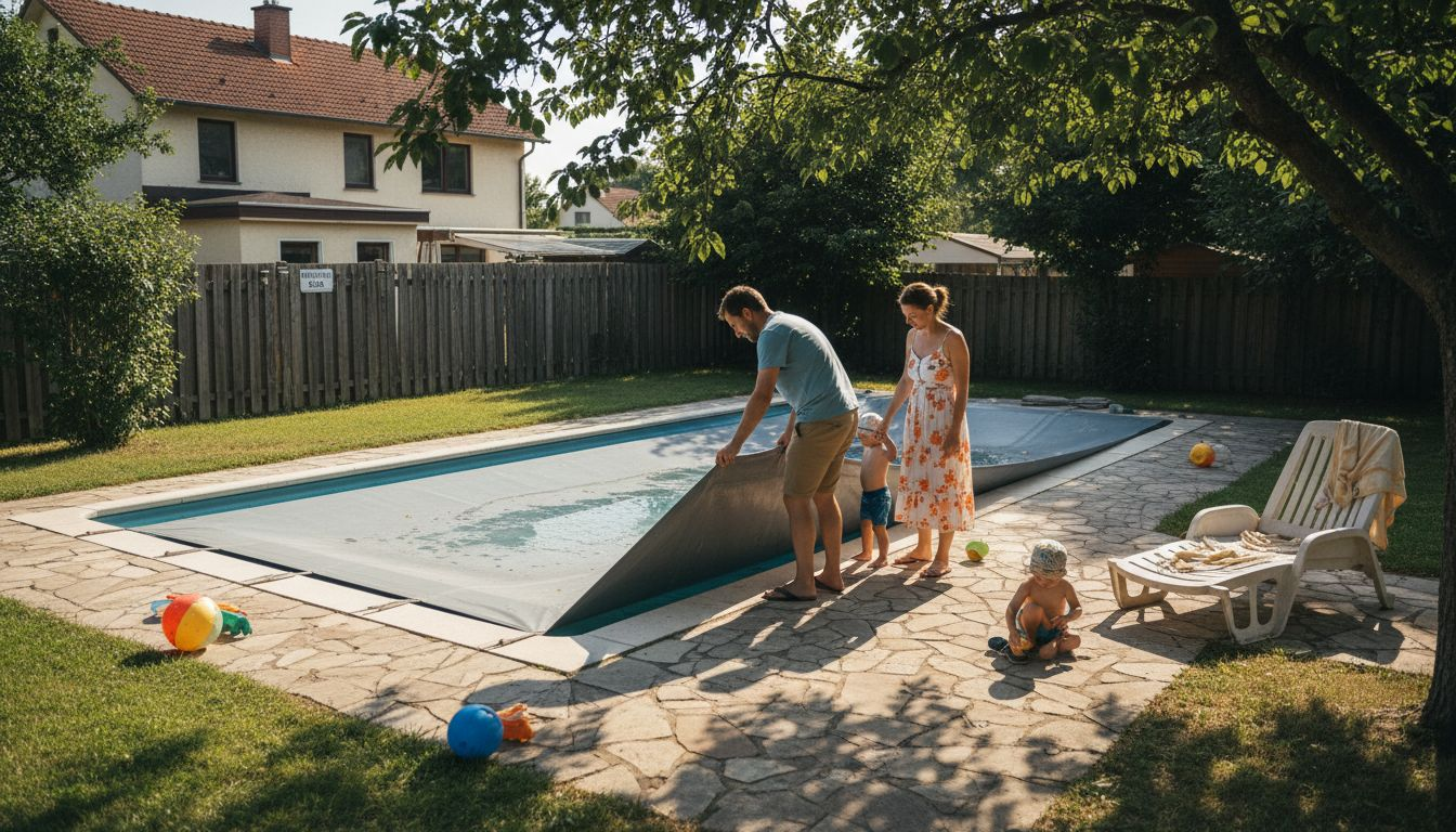 Eine Familie sorgt dafür, dass der Pool im Garten mit einer sicheren Abdeckung geschützt ist.