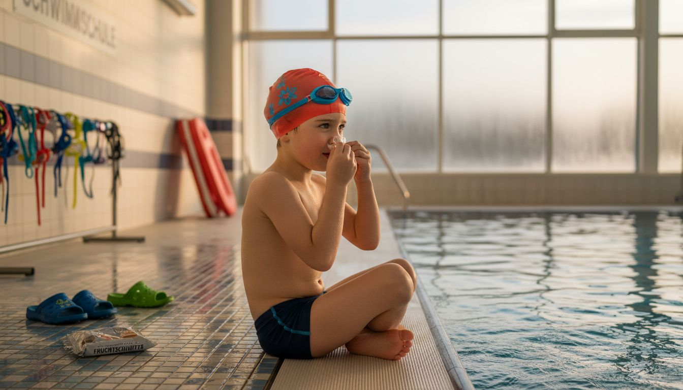 Ein Kind sitzt am Beckenrand und richtet seine Nasenklemme fürs Schwimmen.