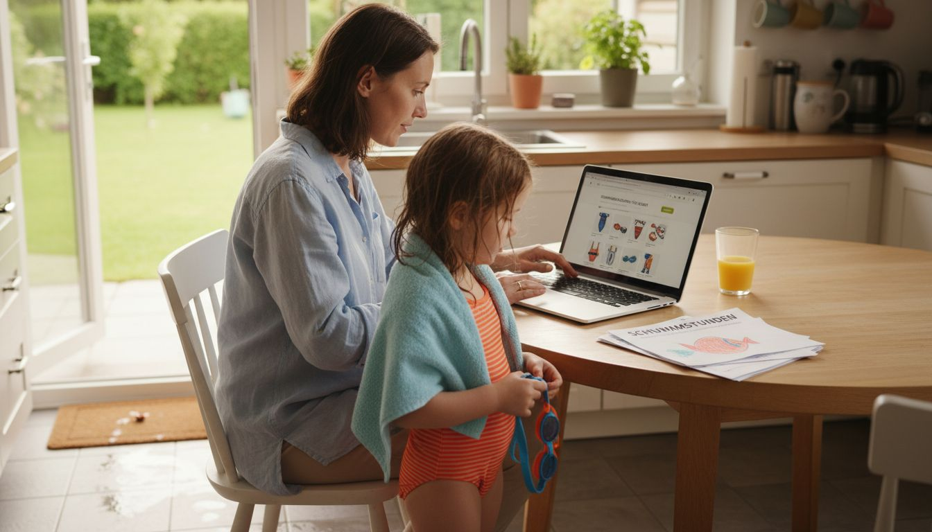 Mutter und Tochter sitzen gemeinsam am Küchentisch und stöbern online nach Badebekleidung.