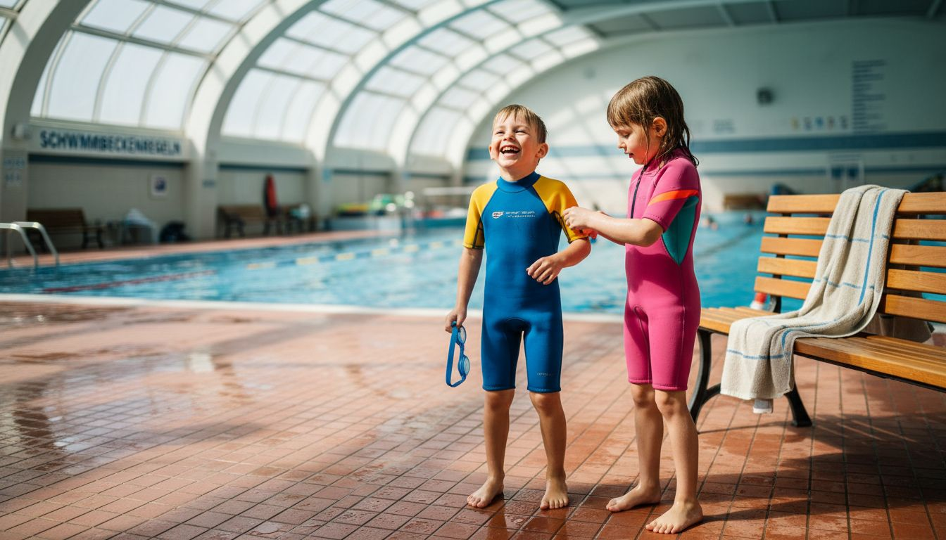 Am Beckenrand sitzen Jungs und Mädchen in kurzen Neoprenanzügen und beobachten das Treiben im Wasser.