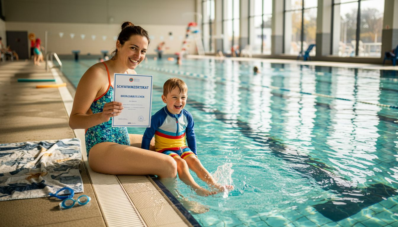 Eine stolze Mutter steht mit ihrem Kind am Beckenrand, beide halten das frisch erhaltene Schwimmabzeichen in den Händen.