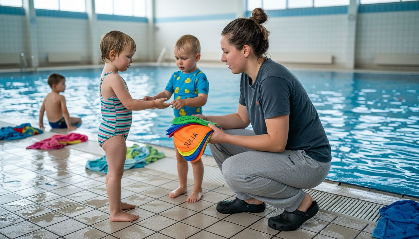 Die Schwimmlehrerin gibt den Kindern ihre Badekappen aus.