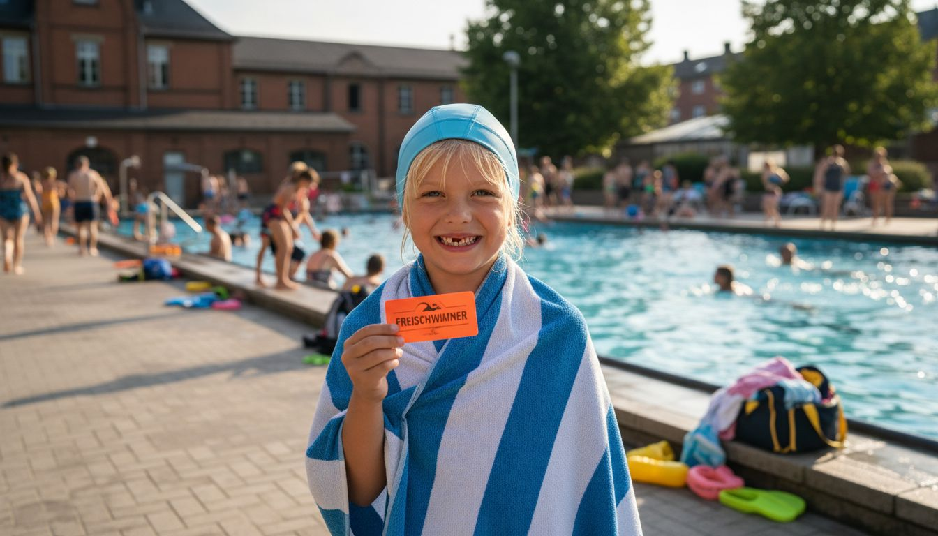Ein Kind zeigt stolz sein Schwimmabzeichen am Beckenrand.