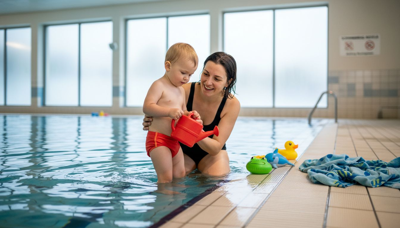 Gemeinsam mit seiner Mutter nimmt ein zweijähriges Kind erstmals an einem Wassergewöhnungskurs teil.
