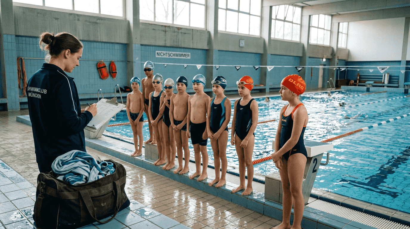 Am Beckenrand sitzen Kinder und warten gespannt auf ihre Schwimmstunde.