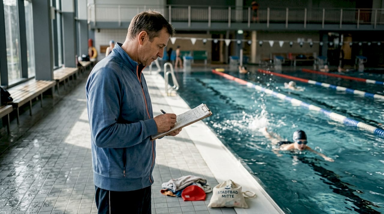 Ein Schwimmlehrer achtet darauf, wie das Kind seine Schwimmprüfung absolviert.
