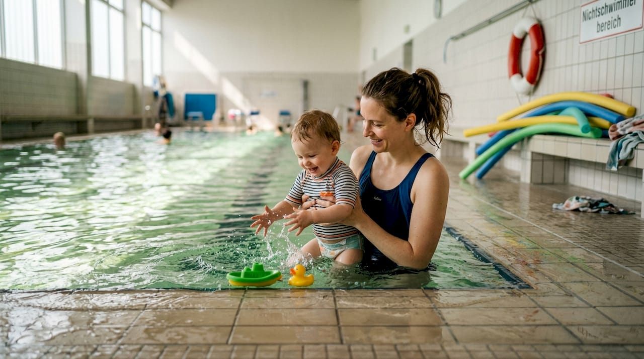 Beim Babyschwimmen haben Mutter und Kind gemeinsam Spaß im Wasser.