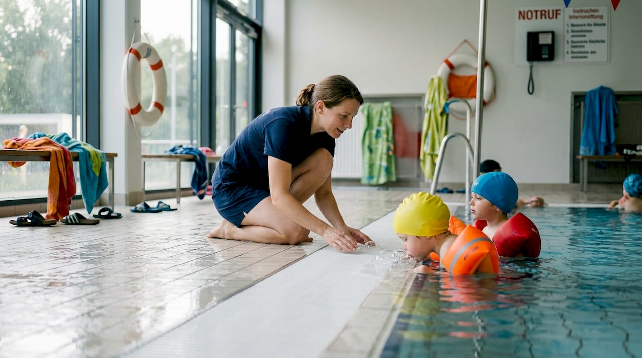 Ein Schwimmlehrer betreut die Kinder am Beckenrand und gibt ihnen Anweisungen.