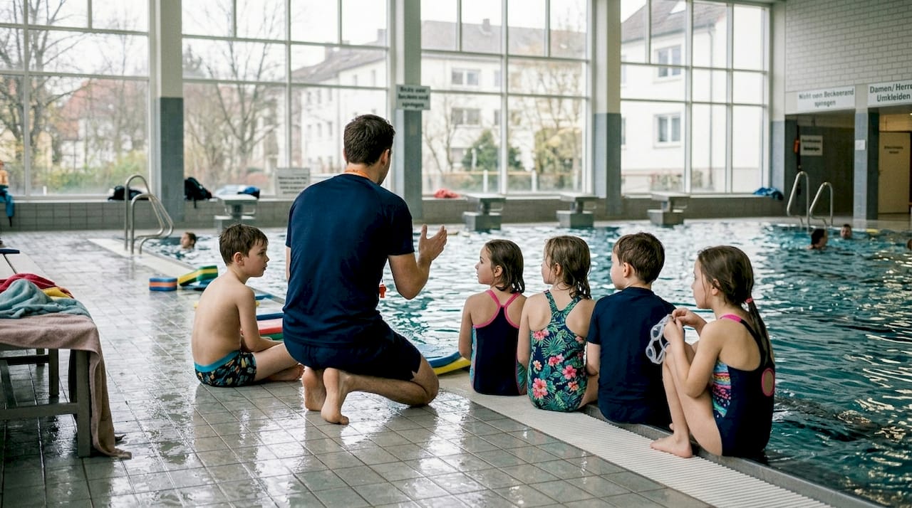 Ein Schwimmtrainer gibt Kindern am Beckenrand Tipps und Anweisungen.