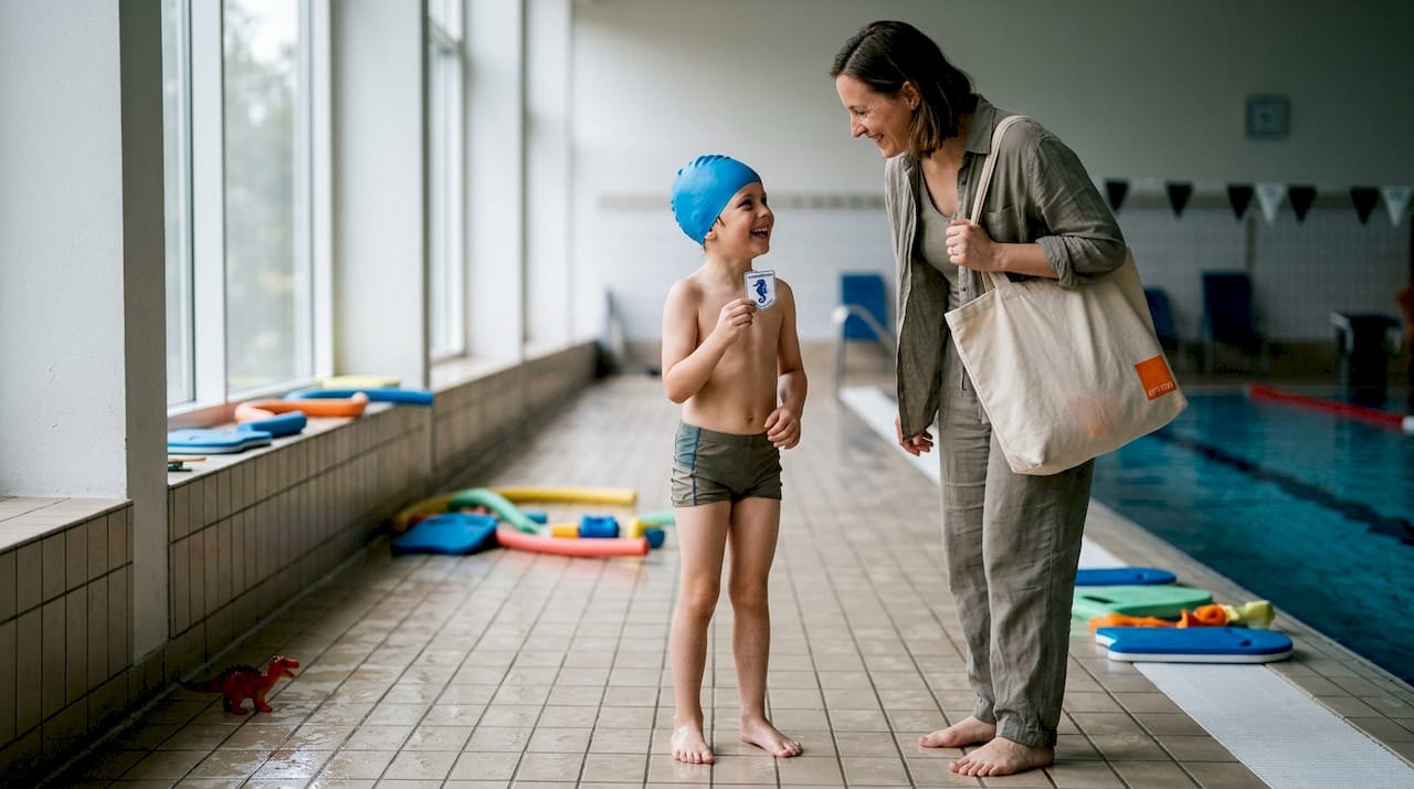 Kind und Mutter nach bestandener Schwimmprüfung