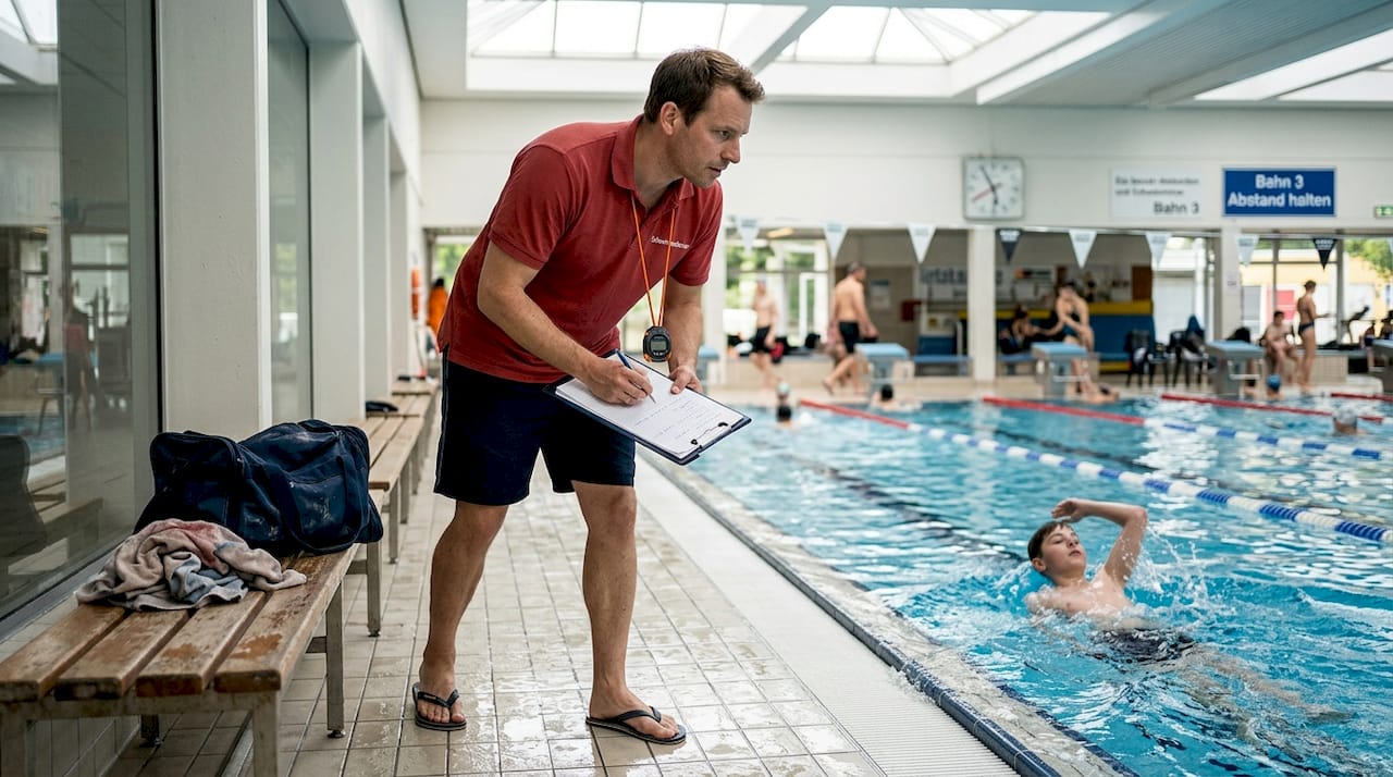 Im Schwimmbad nimmt der Schwimmlehrer die Prüfungen für die Schwimmabzeichen ab.